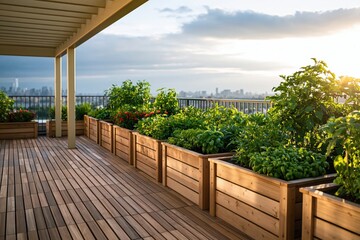 Obraz premium Rooftop terrace garden with wooden planters and lush plants overlooking city skyline