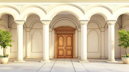 Obraz premium Elegant white stone arcade with arched colonnade and a grand wooden doorway at center