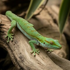 Fototapeta premium Vibrant green day gecko resting on a textured weathered tree branch