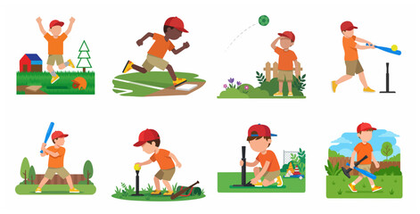 Fototapeta premium Set of little boys playing baseball and t-ball in various poses, from hitting the ball to running the bases, cartoon vector illustration