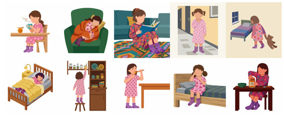 Fototapeta premium Set of flat illustrations featuring a young girl in pajamas engaged in various daily routines like sleeping, reading, eating, and waking up at home.