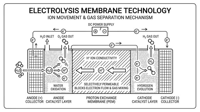 Technical diagram of an electrolysis membrane system for hydrogen production.