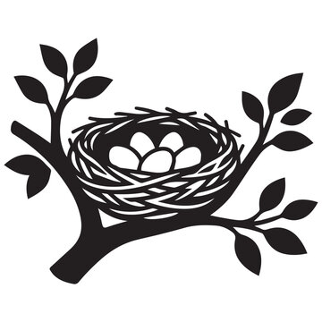 Black silhouette of bird nest with eggs on tree branch wildlife silhouette hatching treehouse