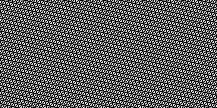 Black seamless hexagon texture. Repeated honeycomb pattern background. Geometric hexagonal halftone tech overlay backdrop. Abstract repeating hex halftone. Vector retro technology dot texure wallpaper