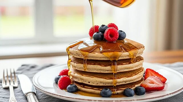 A stack of fluffy pancakes topped with fresh berries and maple syrup