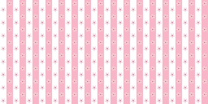 A seamless sweet candy pink and white vertical multi-stripe floral grid, charming for a lovely newborn girl's nursery wall decoration.