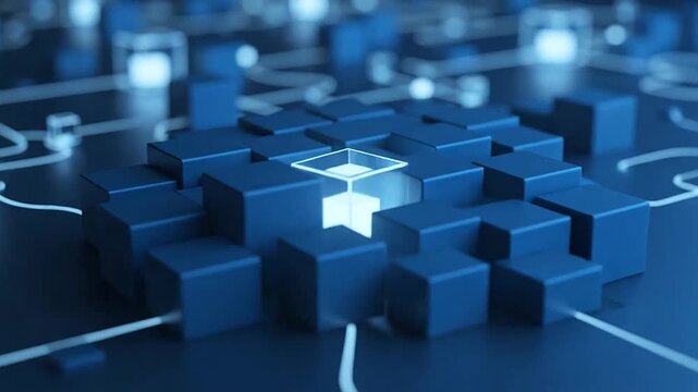 Digital network of glowing blue cubes connected by light trails on a dark abstract surface