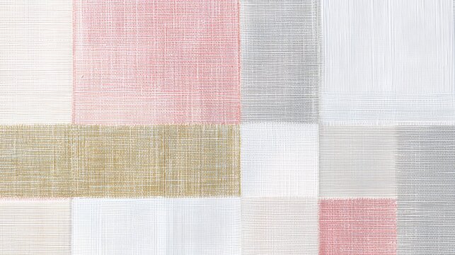 Traditional Korean bojagi style patchwork fabric texture with pastel pink white gray colors and geometric linen squares for elegant background.