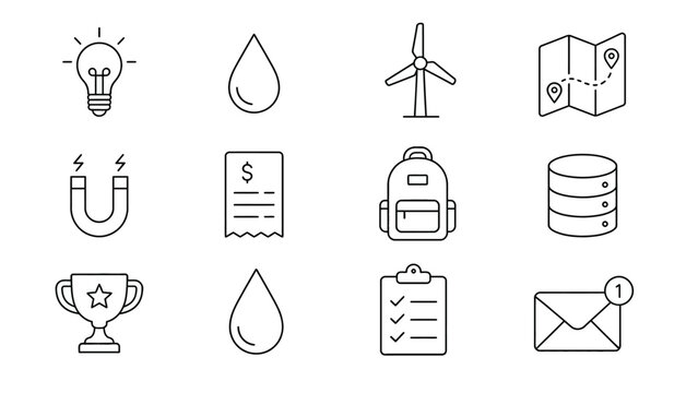 vector line art icon set with lightbulb drop pin map