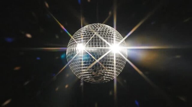 A large mirror ball reflects light, creating starburst patterns on a dark background