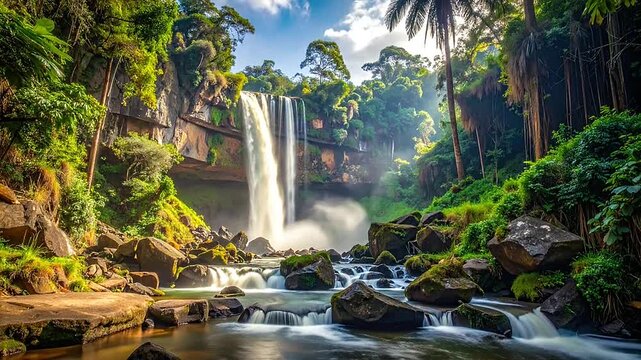 Majestic waterfall cascading through a lush, vibrant tropical rainforest paradise under bright blue skies