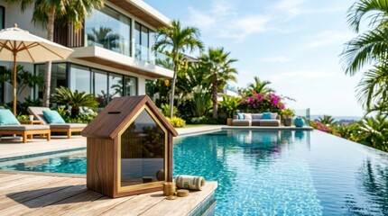 Fototapeta premium Luxurious Tropical Poolside Scene with Palm Trees and Modern Architecture.