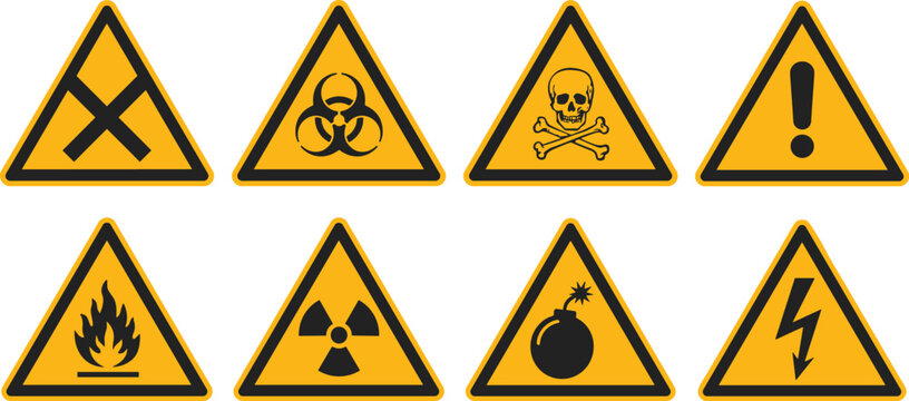 Collection of eight yellow triangular warning signs indicating various hazards including fire radioactivity biohazard skull and crossbones electrical danger explosion caution and hazardous material