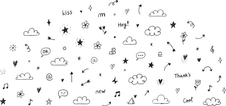 Collection of hand drawn doodle elements including clouds stars hearts arrows musical notes flowers and text like kiss hey new cool thanks and ok in black ink on a white background