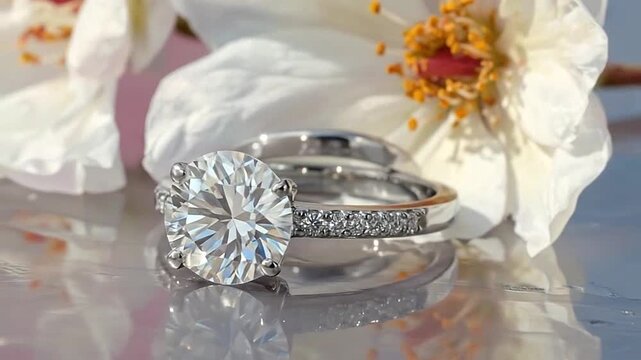 A close-up of a brilliant solitaire diamond engagement ring set against a soft-focus floral background