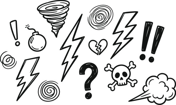 Collection of handdrawn black and white doodle icons representing various concepts like weather danger and emotions including a tornado lightning bolts question mark bomb and skull crossbones