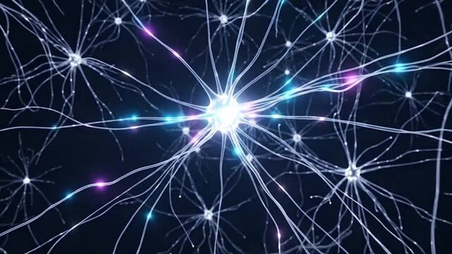 Abstract 3D rendering of glowing neurons and synapses in a neural network
