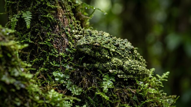 Vietnamese mossy frog camouflaged on a mossy tree trunk in the rainforest