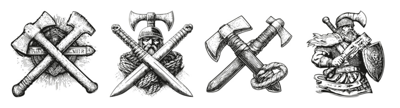 Detailed Illustration of Medieval Weapons and Armor Designs, vector illustration, engraving design, logo design set, black and white line, template design element