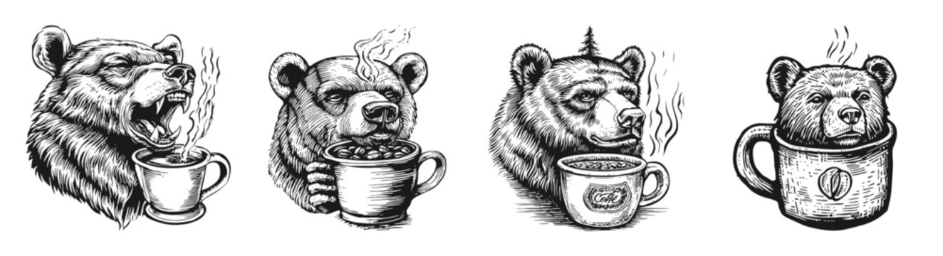 Charming Bear Illustrations with Coffee Cups and Steaming Brews