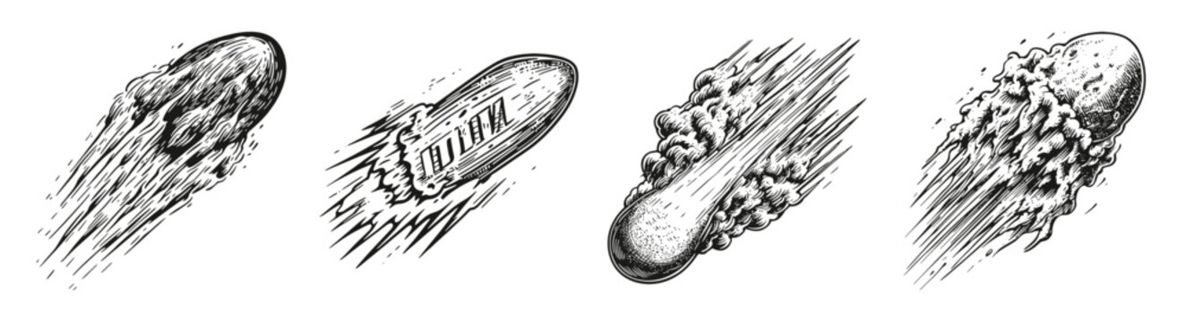 Dynamic Icon of a Comet Representing Speed and Impact in Motion, vector illustration, engraving design, logo design set, black and white line, template design element