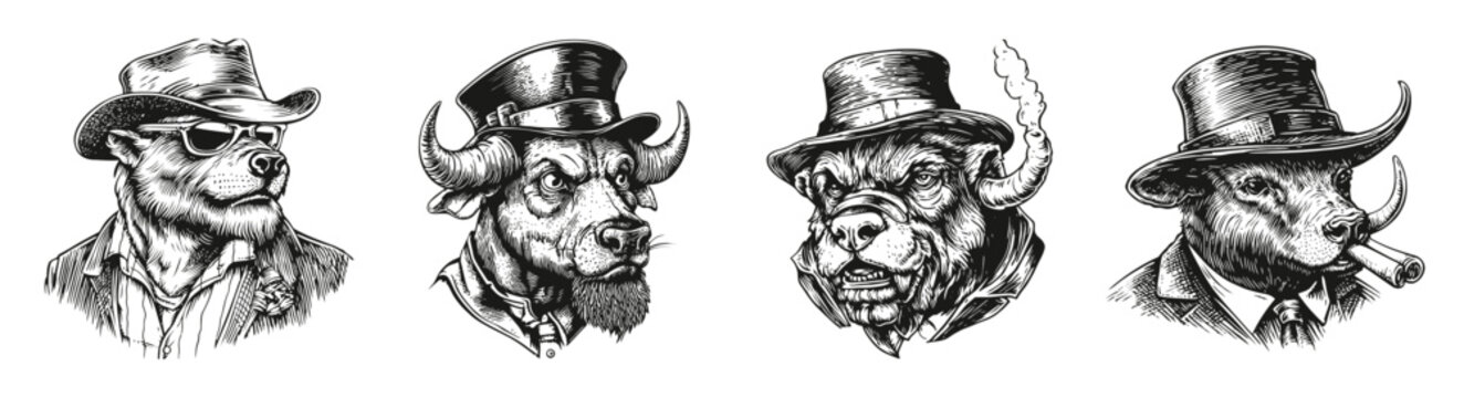 Stylish Animal Portraits with Elegant Hats and Accessories, vector illustration, engraving design, logo design set, black and white line