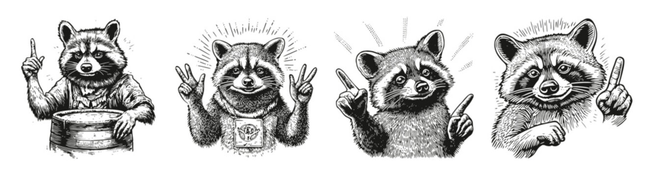 Playful Raccoon Illustrations for Creative Projects and Designs, vector illustration, engraving design, logo design set, black and white line