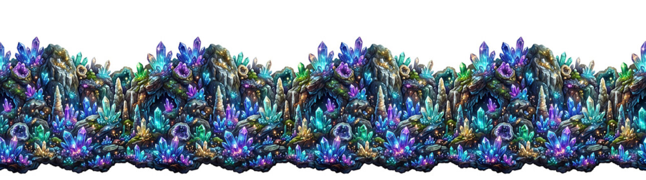 Enchanting fantasy cave border with glowing multicolored crystals and rocky formations. digital ar