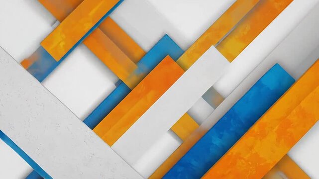 Abstract geometric composition with interlocking textured stripes in vibrant orange, blue and white