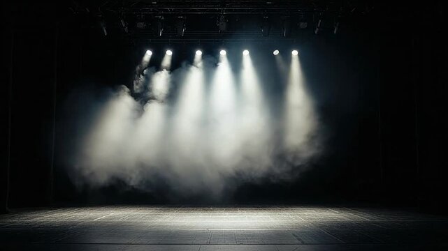 Dramatic stage lighting illuminates a smoky dark theater with spotlights