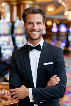 Casino worker smiles in luxury setting with slot machines and roulette table near him during busy night