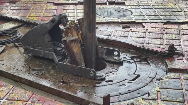 Drilling rig activity - Pull of of hole drill string with oil based mud on the rig floor. Trip out of hole.