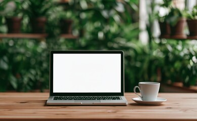 Fototapeta premium Laptop with blank mockup screen on wooden desk with coffee and nature plant office