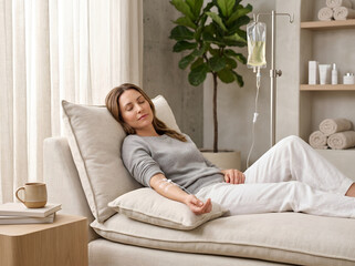 Obraz premium Woman receiving intravenous IV vitamin drip therapy at home