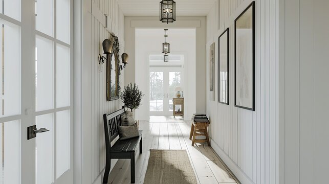 Bright White Paneled Hallway with Vintage Console Table, Mirror, Wreath, and Framed Art