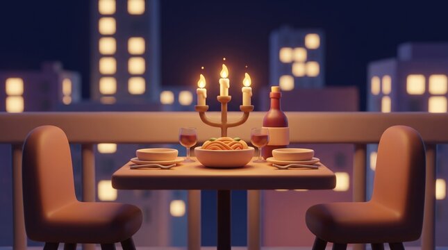 3D stylized render of a romantic evening dinner setting on a city balcony with candlelight