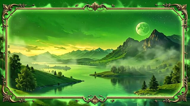 A vibrant green landscape with a crescent moon shining over misty mountains and a serene lake