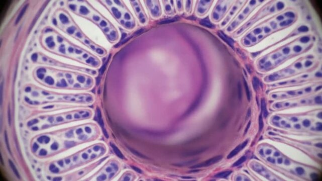 Microscopic cross-section of an ovarian follicle within ovarian tissue stained in purple and pink