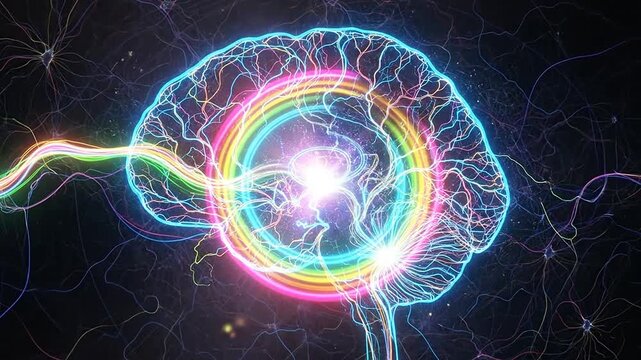 A neon blue brain illustration with a glowing rainbow spiral inside, surrounded by neural network connections on a dark