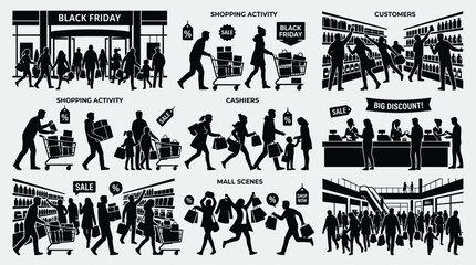 Fototapeta premium Shopping activity and retail scenes with people and discount signs