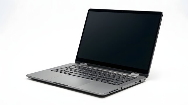 Laptop computer open on white surface