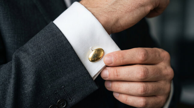 Closeup of man adjusting elegant gold cufflink on white dress shirt cuff