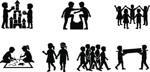 Obraz premium Children Teamwork and Cooperative Play Silhouette Collection Featuring Friendship, Creativity and Group Activities