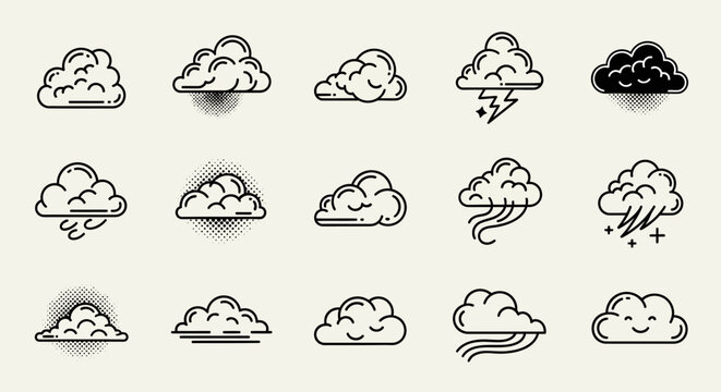Cloud illustrations collection with various weather conditions and moods vector set