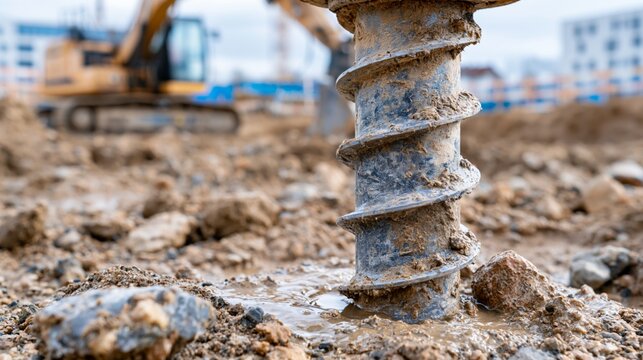 Screw pile is drilled into wet soil for foundation support at a construction site in urban area