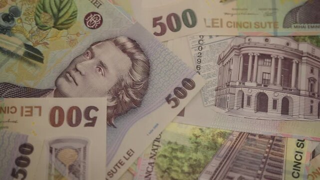Romanian 500 LEI banknote close up video with Romanian national currency bills and finance concept