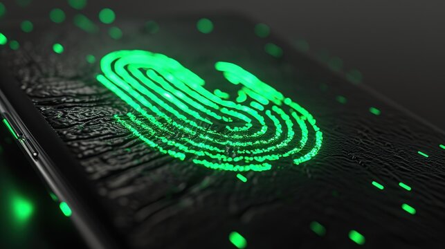 Close-up of a glowing green biometric fingerprint scan on a dark futuristic device surface