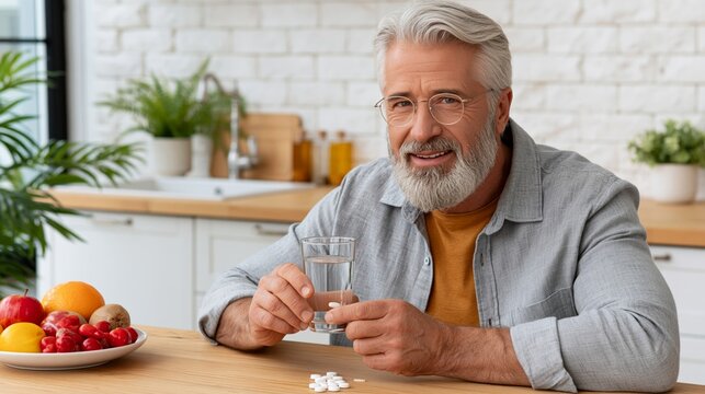 Senior man takes daily diabetes medication in kitchen with fresh fruits and a glass of water during morning routine