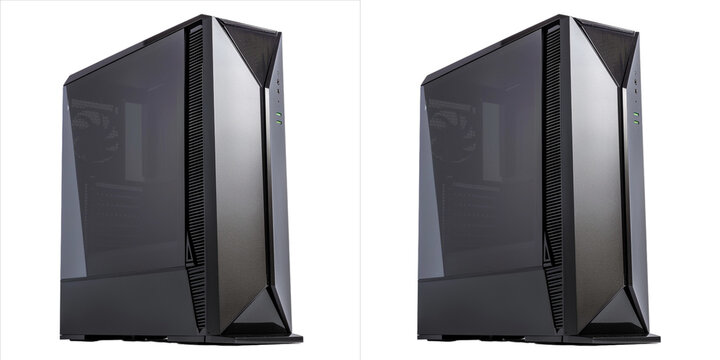 Black computer cases with tempered glass side panel, modern design, isolated on transparent background