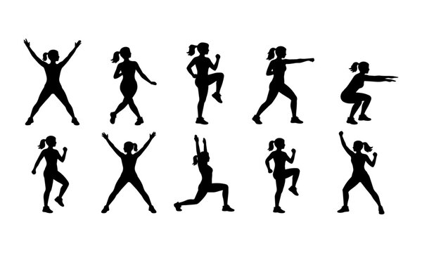 Aerobics and cardio workout silhouette vector set